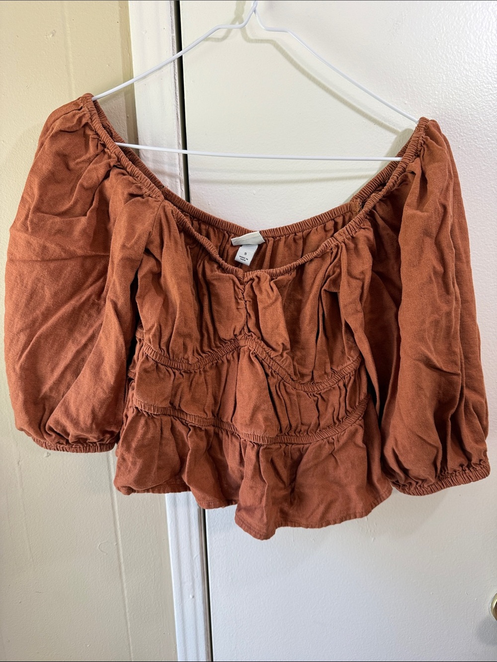 Milkmaid Rust Orange Linen Blend Peasant Crop Top Puff Sleeve Cottagecore Size S - Picture 3 of 8